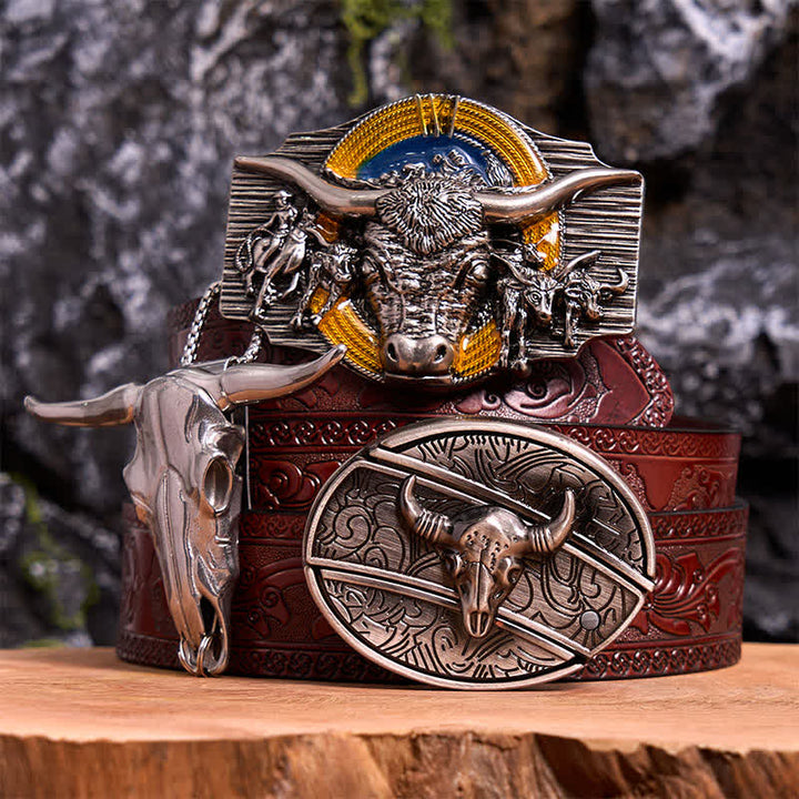 Conjunto de colgante y hebilla de cinturón con cuchillo oculto, diseño de toro Longhorn - Toro de cuernos largos - Cinturón tallado marrón - 42 - image 7