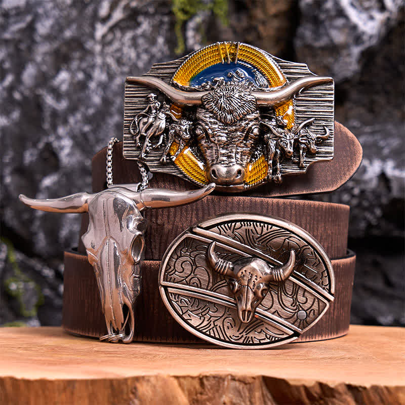 Conjunto de colgante y hebilla de cinturón con cuchillo oculto, diseño de toro Longhorn - Toro de cuernos largos - Cinturón marrón desgastado - 42 - image 6