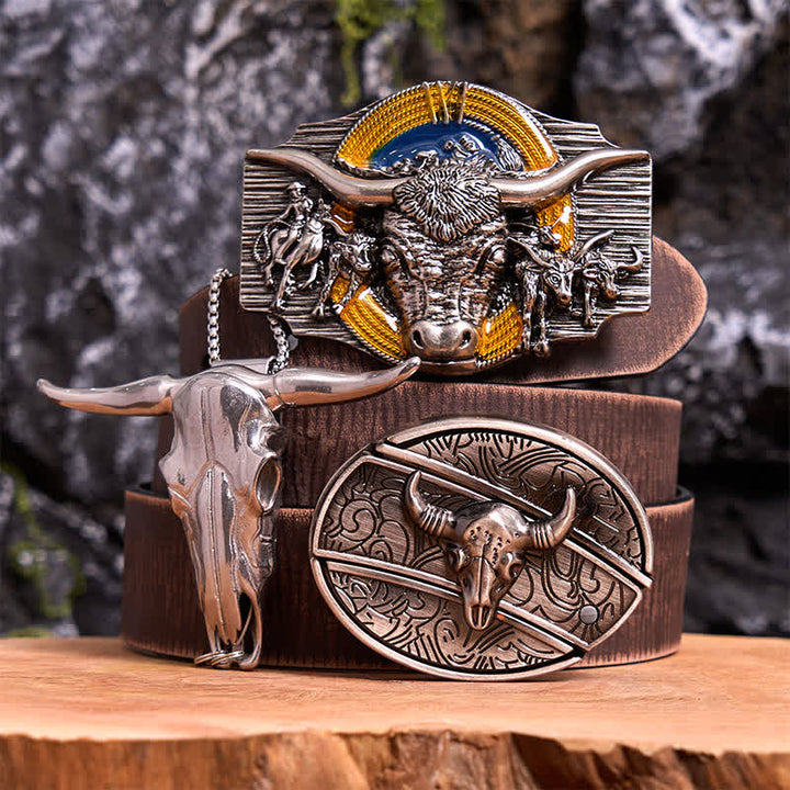 Conjunto de colgante y hebilla de cinturón con cuchillo oculto, diseño de toro Longhorn - Toro de cuernos largos - Cinturón marrón desgastado - 42 - image 6