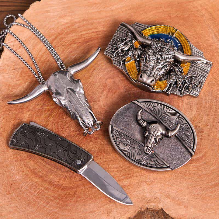 Conjunto de colgante y hebilla de cinturón con cuchillo oculto, diseño de toro Longhorn