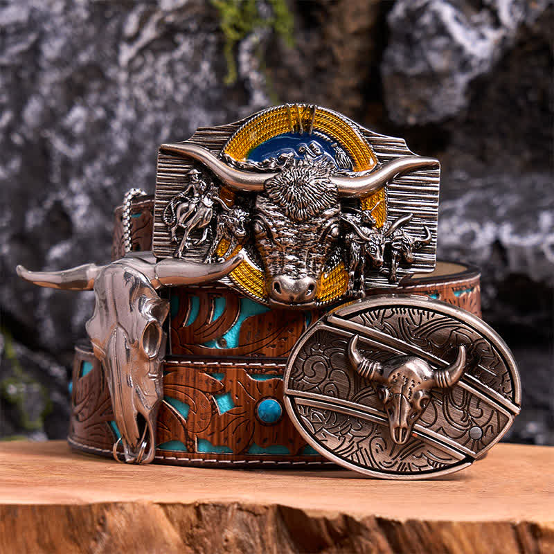 Conjunto de colgante y hebilla de cinturón con cuchillo oculto, diseño de toro Longhorn - Toro de cuernos largos - Cinturón tallado en turquesa - 42 - image 0