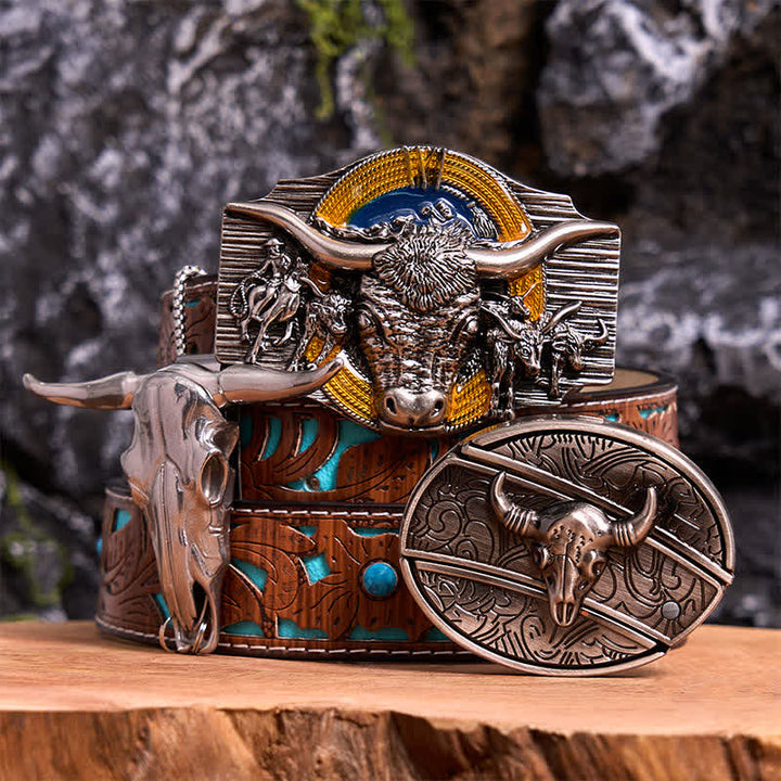 Conjunto de colgante y hebilla de cinturón con cuchillo oculto, diseño de toro Longhorn - Toro de cuernos largos - Cinturón tallado en turquesa - 42 - image 0