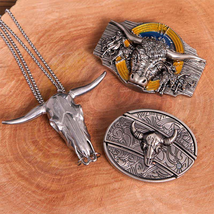 Conjunto de colgante y hebilla de cinturón con cuchillo oculto, diseño de toro Longhorn