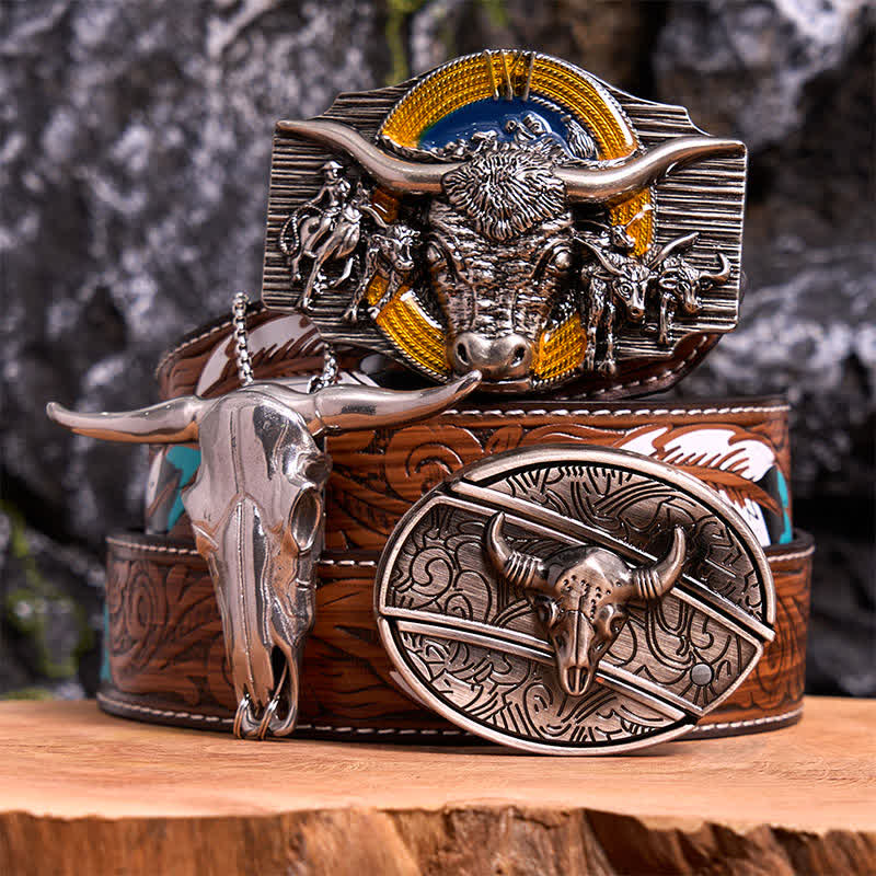 Conjunto de colgante y hebilla de cinturón con cuchillo oculto, diseño de toro Longhorn - Toro de cuernos largos - Cinturón de plumas marrones - 40 - image 8