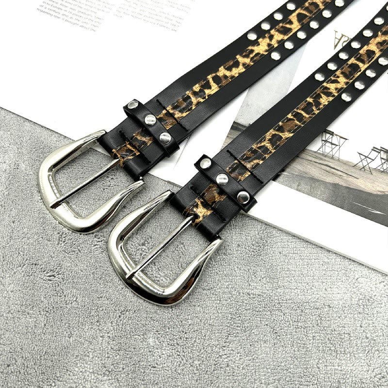Cinturón de piel con remaches y estampado de leopardo para mujer