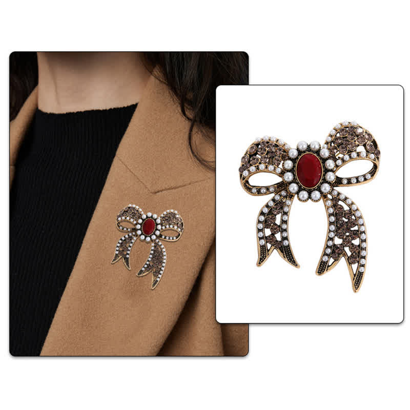Broche grande de mujer con lazo de perla de cristal rojo
