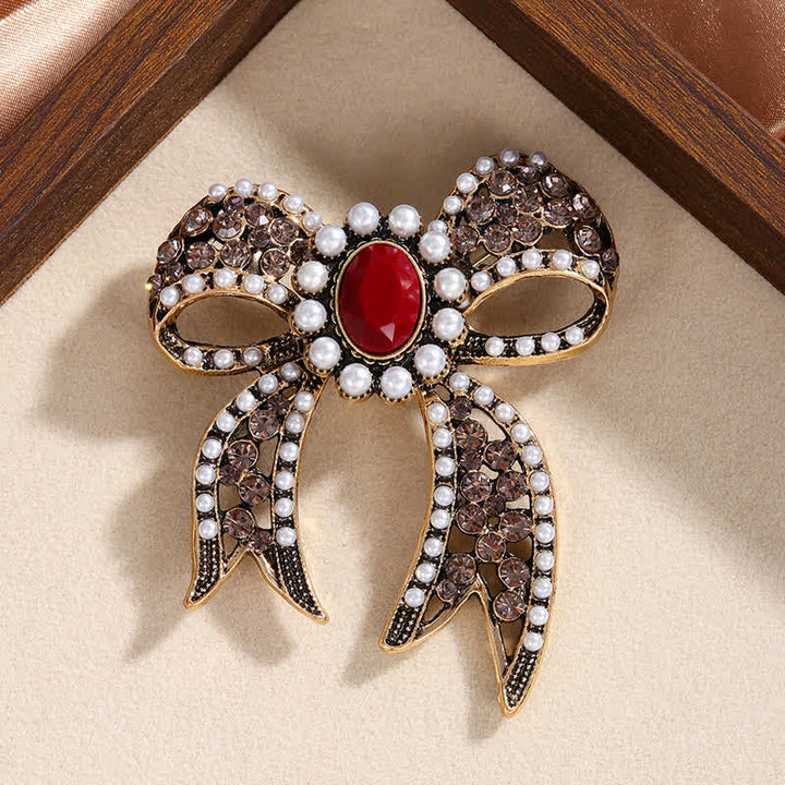 Broche grande de mujer con lazo de perla de cristal rojo