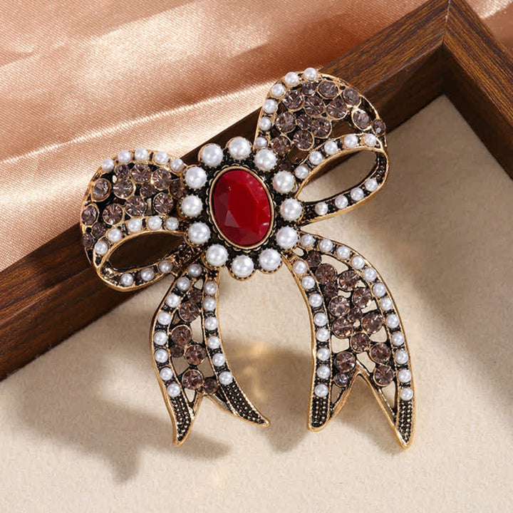 Broche grande de mujer con lazo de perla de cristal rojo