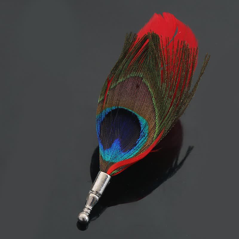 Broche unisex clásico de plumas de pavo real de colores para fiesta de bodas