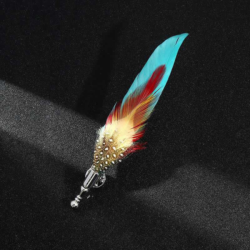 Broche unisex clásico de plumas de pavo real de colores para fiesta de bodas