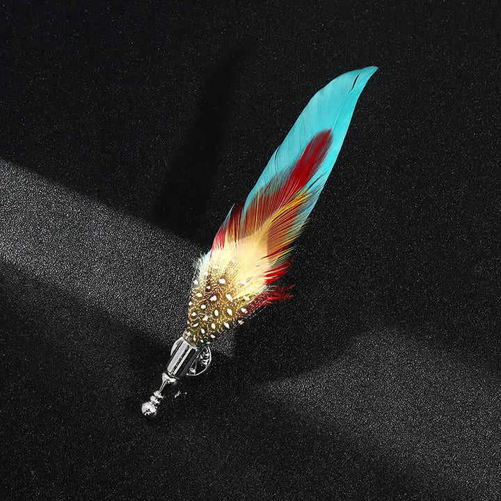 Broche unisex clásico de plumas de pavo real de colores para fiesta de bodas