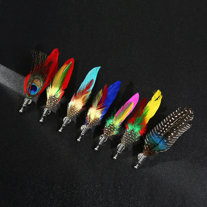 Broche unisex clásico de plumas de pavo real de colores para fiesta de bodas