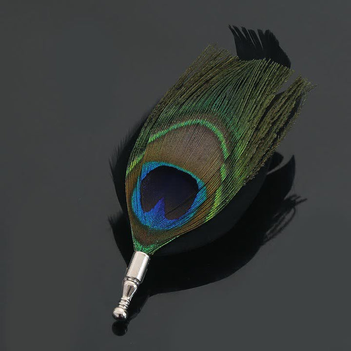 Broche unisex clásico de plumas de pavo real de colores para fiesta de bodas