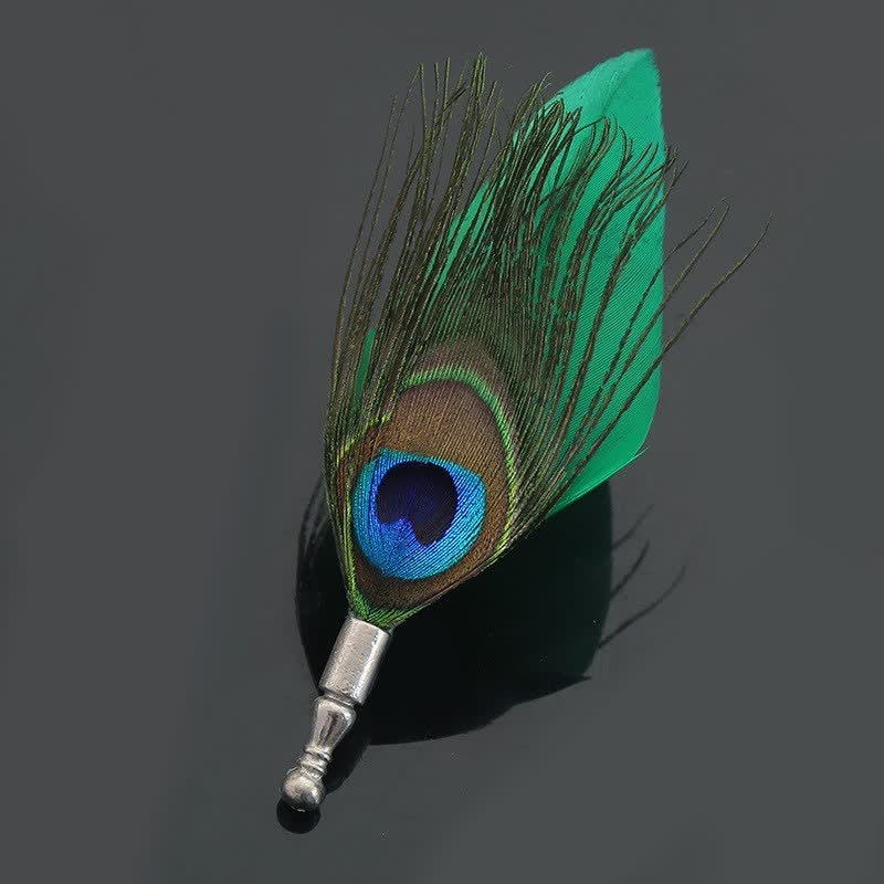 Broche unisex clásico de plumas de pavo real de colores para fiesta de bodas