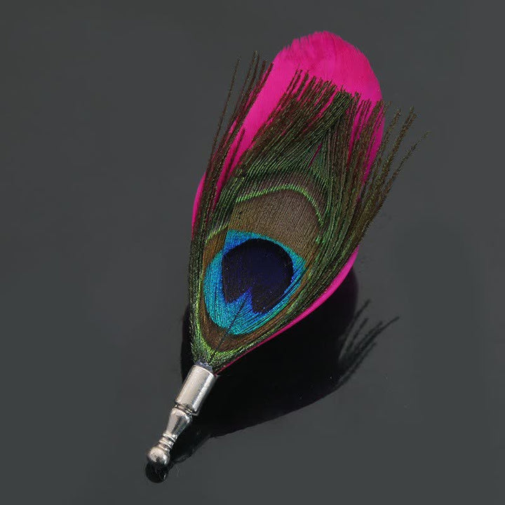 Broche unisex clásico de plumas de pavo real de colores para fiesta de bodas