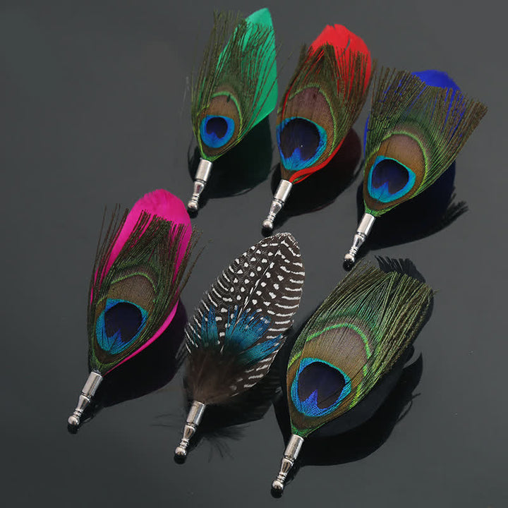 Broche unisex clásico de plumas de pavo real de colores para fiesta de bodas