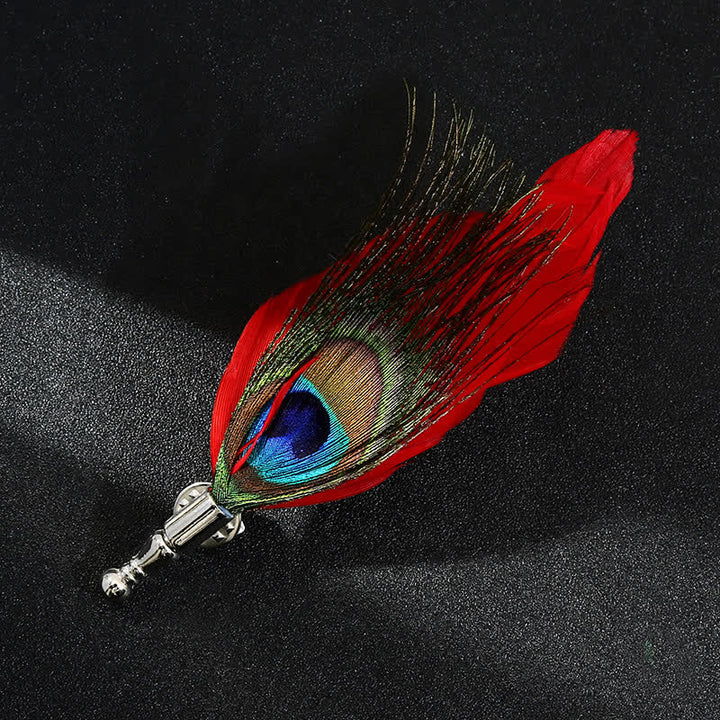 Broche unisex clásico de plumas de pavo real de colores para fiesta de bodas