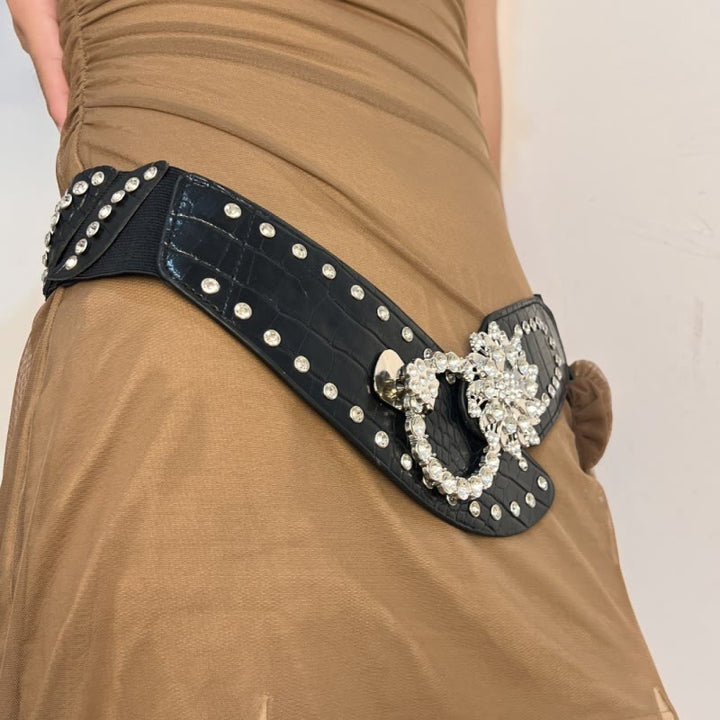 Cinturón ancho con empalme de diamantes de imitación, cinturón de corsé negro
