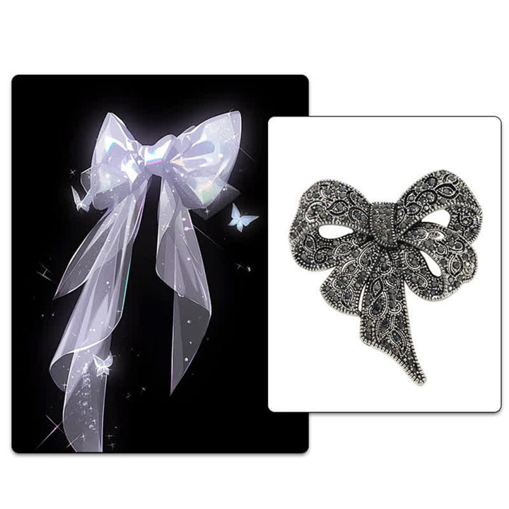 Broche de plata antigua con forma de lazo y diamantes de imitación para mujer