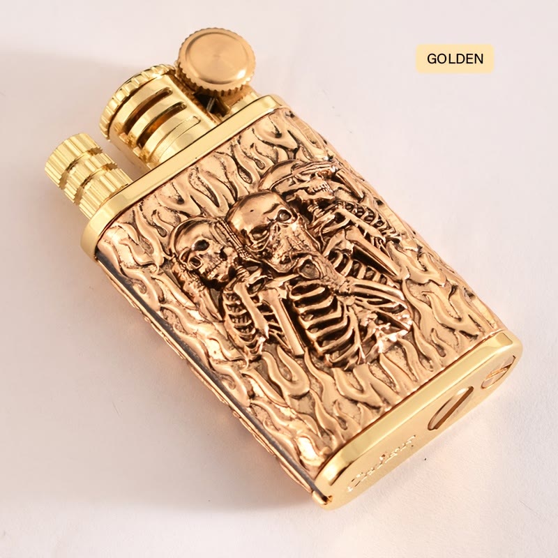 Encendedor de quesoseno 2 en 1 con cerilla permanente, rueda de pedernal y grabado de calavera