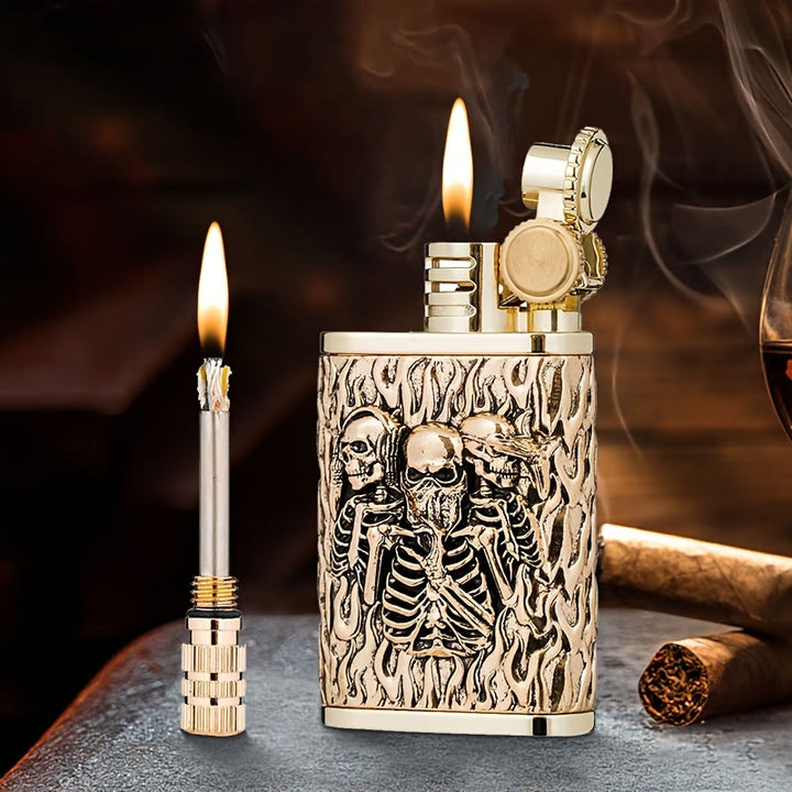 Encendedor de quesoseno 2 en 1 con cerilla permanente, rueda de pedernal y grabado de calavera