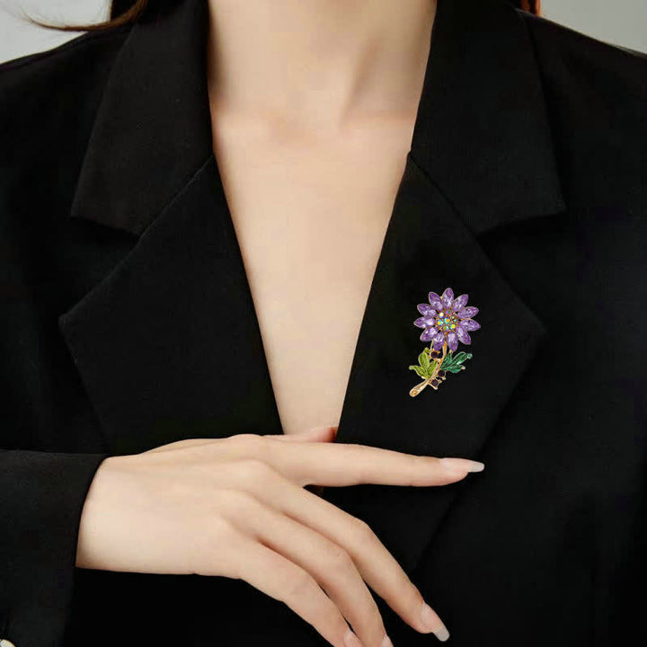 Broche de girasol morado con cristales de imitación para mujer