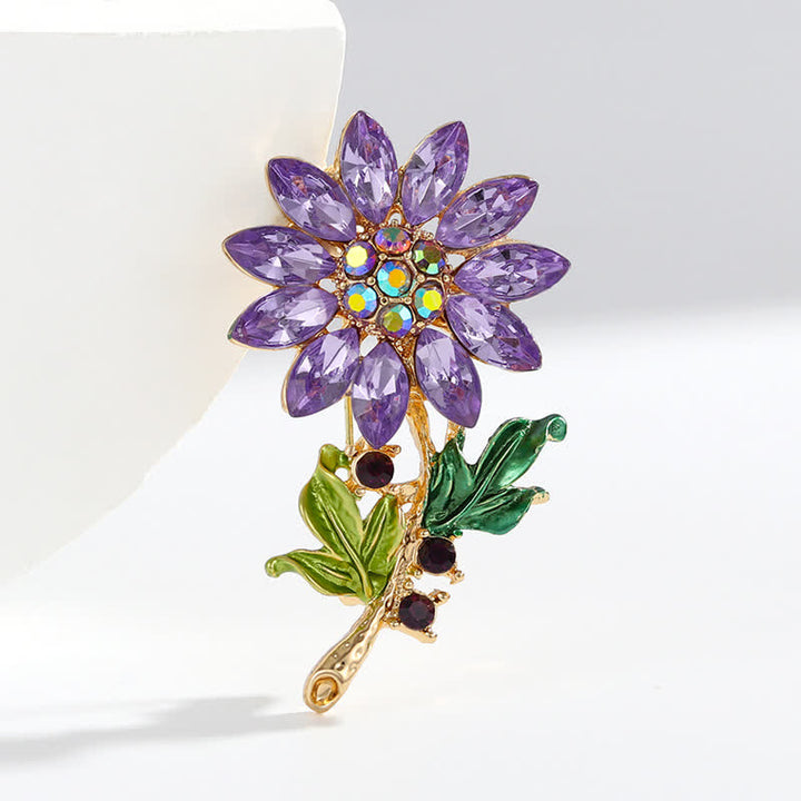 Broche de girasol morado con cristales de imitación para mujer