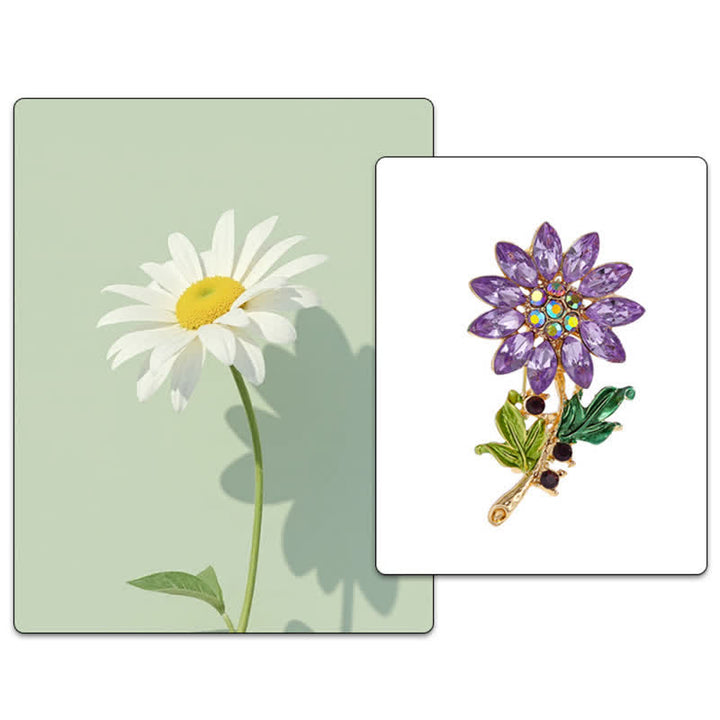 Broche de girasol morado con cristales de imitación para mujer