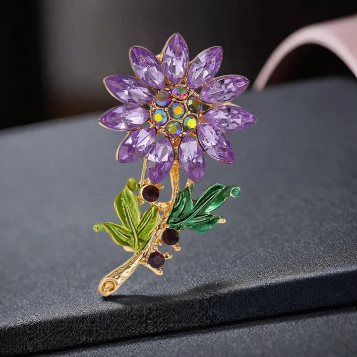 Broche de girasol morado con cristales de imitación para mujer