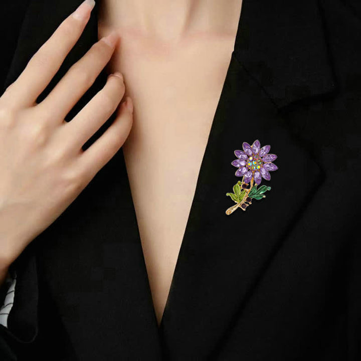 Broche de girasol morado con cristales de imitación para mujer