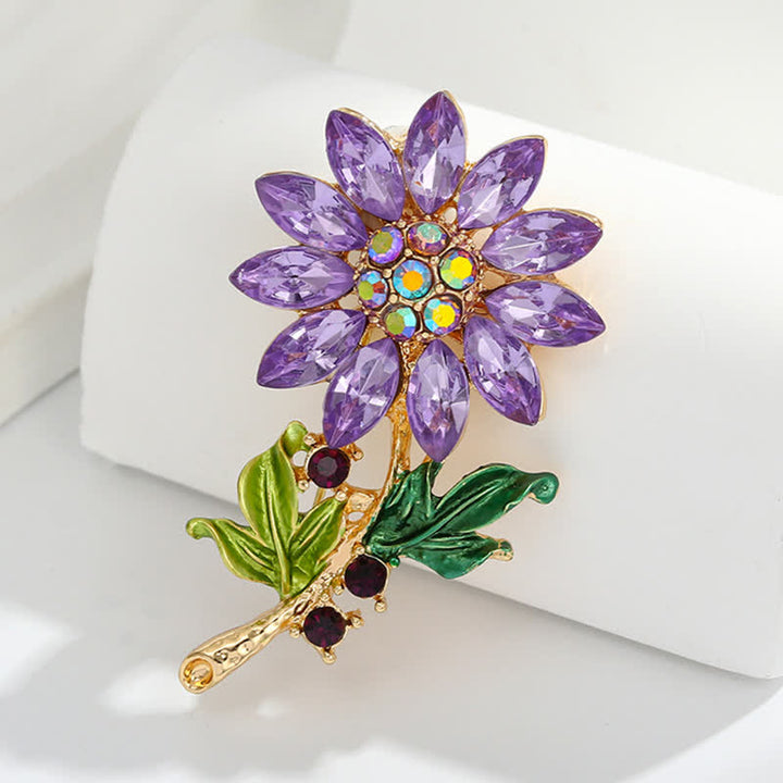 Broche de girasol morado con cristales de imitación para mujer