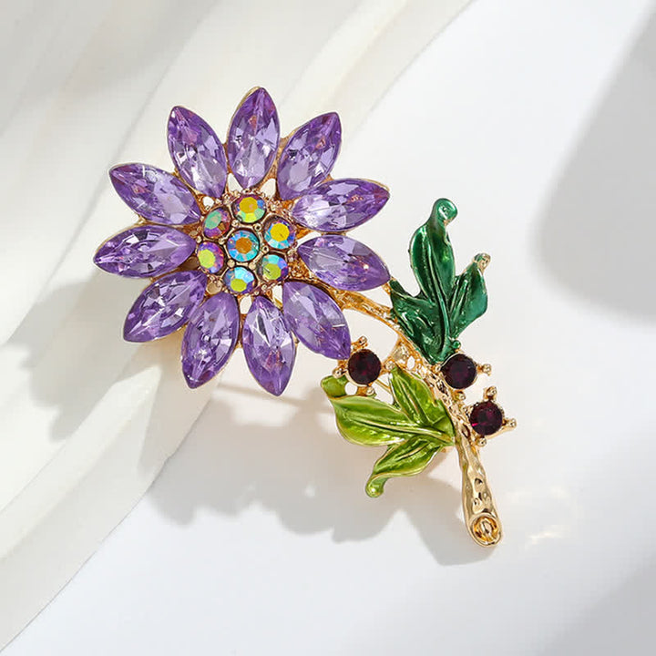 Broche de girasol morado con cristales de imitación para mujer