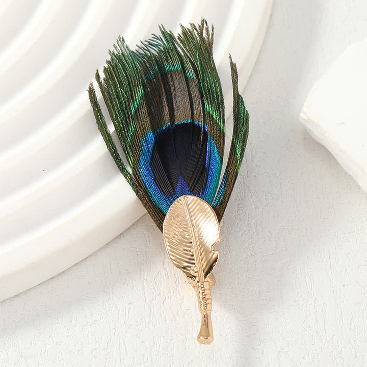 Broche unisex de pluma artificial de pavo real azul y verde