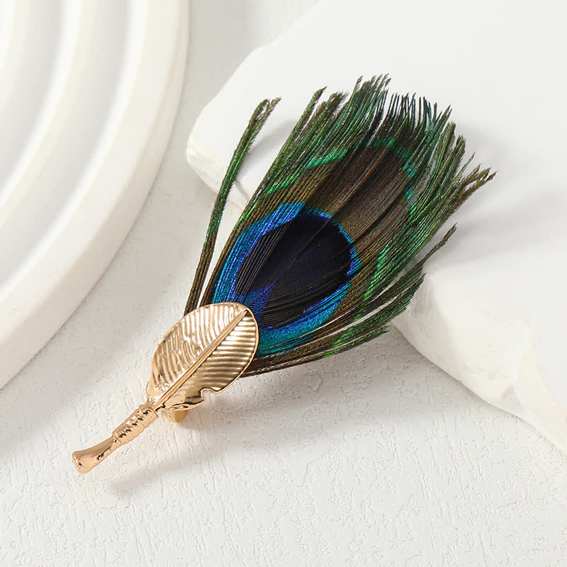 Broche unisex de pluma artificial de pavo real azul y verde