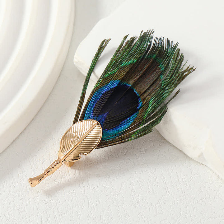 Broche unisex de pluma artificial de pavo real azul y verde