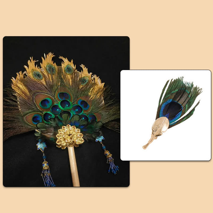 Broche unisex de pluma artificial de pavo real azul y verde