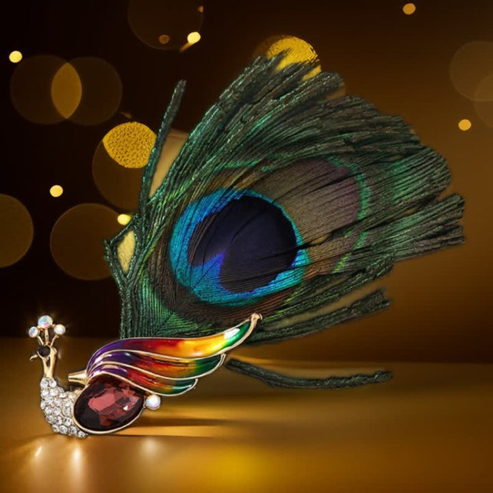 Broche étnico de plumas de pavo real con cristales para mujer
