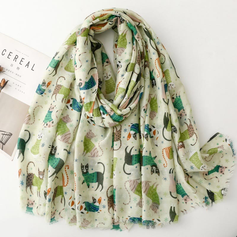 Bufanda fina y ligera con estampado de gatitos para mujer - Verde - image 10