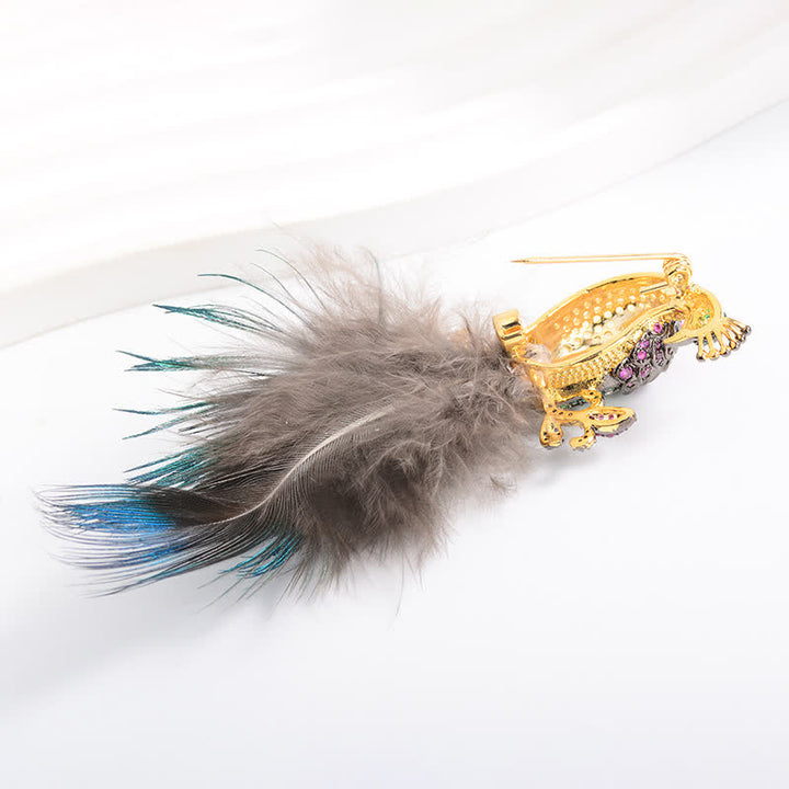 Broche de plumas de pavo real con diamantes de imitación brillantes para mujer