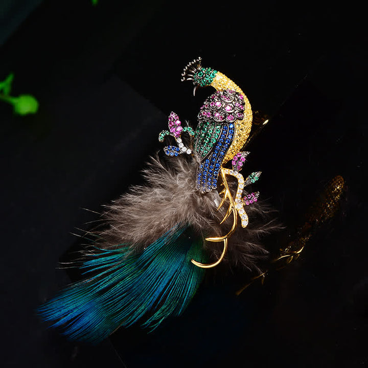 Broche de plumas de pavo real con diamantes de imitación brillantes para mujer