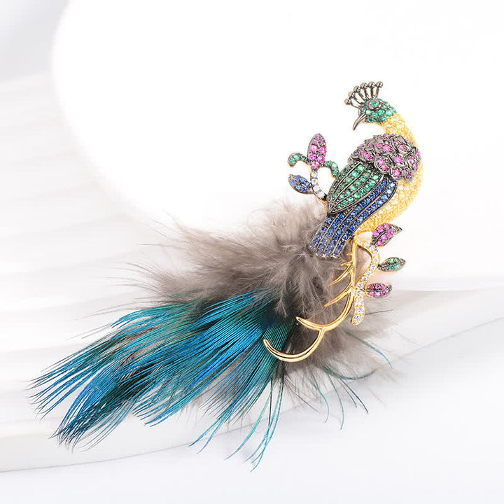 Broche de plumas de pavo real con diamantes de imitación brillantes para mujer