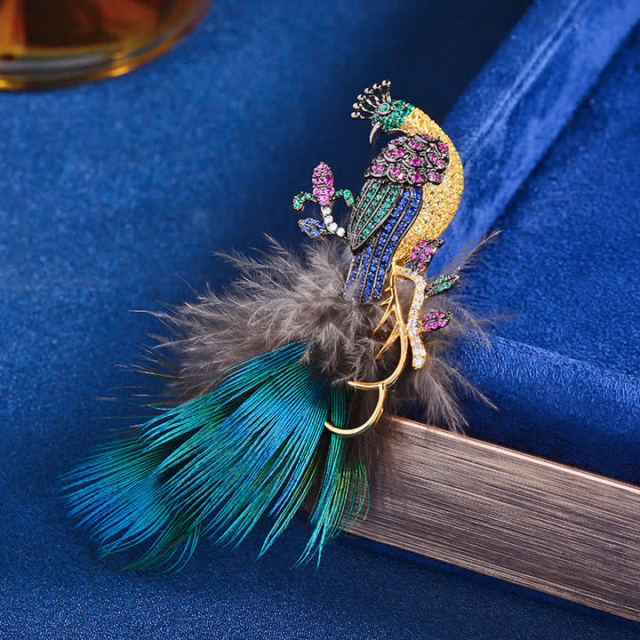 Broche de plumas de pavo real con diamantes de imitación brillantes para mujer