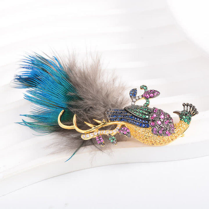 Broche de plumas de pavo real con diamantes de imitación brillantes para mujer
