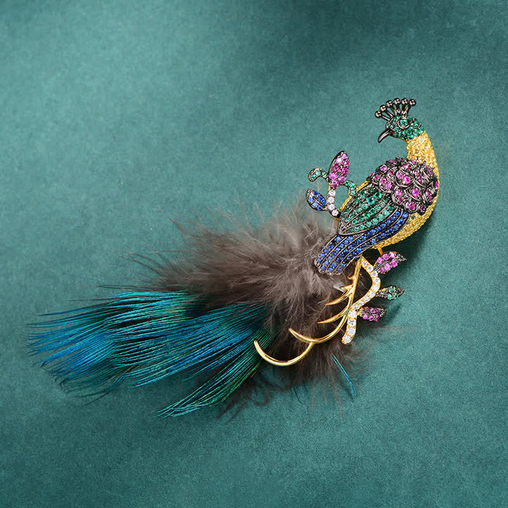 Broche de plumas de pavo real con diamantes de imitación brillantes para mujer