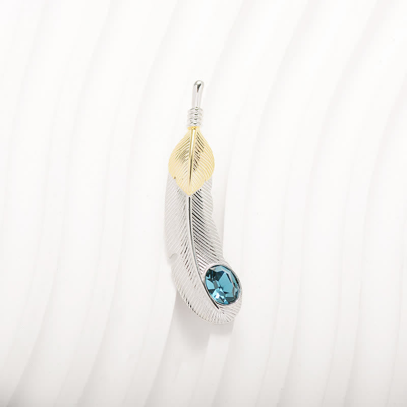 Broche unisex con forma de pluma de cristal azul sintético
