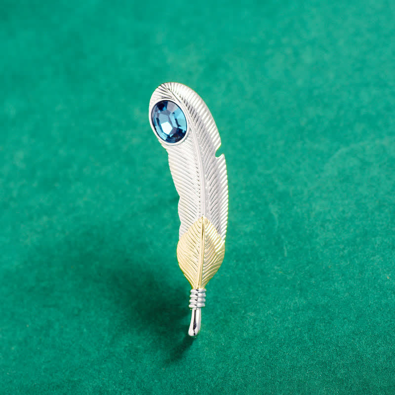 Broche unisex con forma de pluma de cristal azul sintético