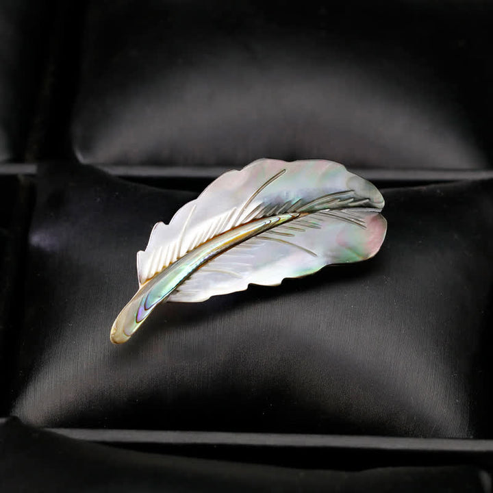 Broche unisex con forma de pluma de concha de abulón natural
