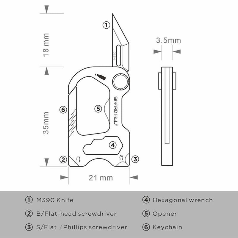Mini llavero con cuchillo plegable multifuncional 6 en 1