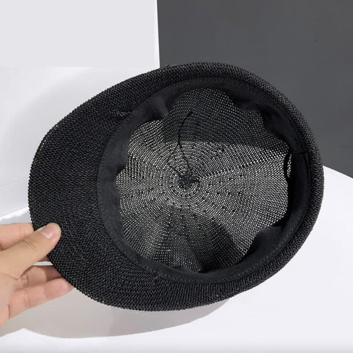 Boina de paja playera con decoración de banda de cuero tejido para mujer