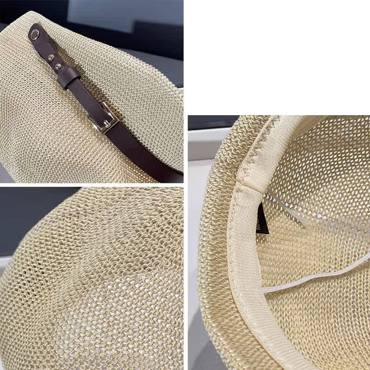 Boina de paja playera con decoración de banda de cuero tejido para mujer